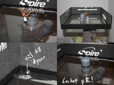 Toppen invändigt, isolering på plats och hålen gjorda. Här ser ni hur "trädets" rör går genom topp-glaset och in i armaturens utrymme.