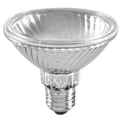 Halogenlampa 75W - ger en hel del värme. Finns med 10° och 30° spridningsvinkel. Den senare är nog att rekommendera eftersom det inte får bli för varmt.